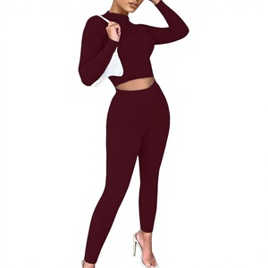 Ensemble 2 pièces pour femmes, haut court en tricot, leggings longs, couleur unie, spandex, polyester, décontracté, toutes saisons, coupe ajustée, ensembles pour femmes - Product Image 1