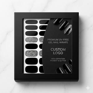 20 Tiras <span class=keywords><strong>de</strong></span> Uñas Postizas <span class=keywords><strong>de</strong></span> Gel con Purpurina Negra y Plateada, Sin UV, Marca Privada, Logotipo Personalizado, Colección <span class=keywords><strong>de</strong></span> Lujo Midnight, Venta al Por Mayor OEM - Product Image 1