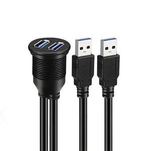 1m双USB 3.0插座延长线汽车货车仪表板齐平安装2个USB插头引线面板数据线摩托车电线充电器