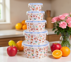 Ensemble de 5 récipients de conservation alimentaire avec couvercle, design pâtissier imprimé, 250 ml, 570 ml, 950 ml, 1,5 L, 2,5 L, en plastique rond - Product Image 2