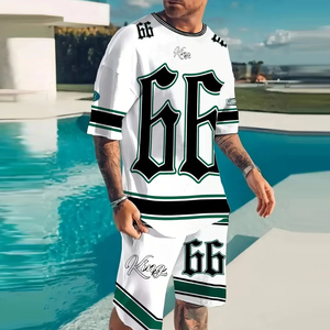 Set Estivo da <span class=keywords><strong>Uomo</strong></span> 2 Pezzi Personalizzato con Logo, T-shirt Goffrata e Pantaloncini Stampati, Completo Sportivo per <span class=keywords><strong>Uomo</strong></span> - Product Image 2