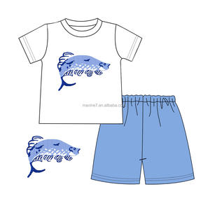 ODM/OEMキッズウェアブティックフラッタースリーブガールズ2ピース衣装魚刺Embroidery弓かわいい女の子セット - Product Image 5
