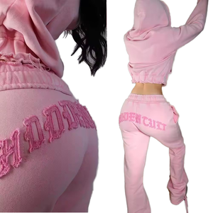 刺Embroideryウォッシュドクロップドスポーツストリートウェアカスタムロゴジップアップツー2ピーススウェットパンツとパーカーセットジョガートラックスーツレディース - Product Image 2