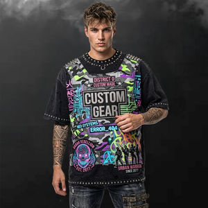 T-shirt personnalisé imprimé en coton épais 300 GSM, coupe oversize courte et carrée, effet délavé, avec strass, pour homme - Product Image 1