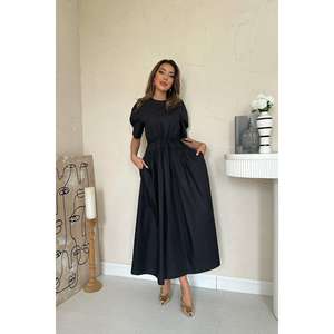 Robe trapèze noire en popeline à col rond, taille naturelle, confortable, pour le bureau - Product Image 4