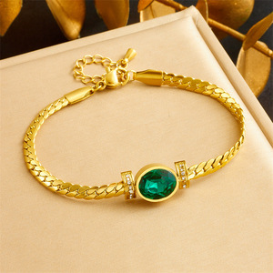 Vintage Emerald Oval <b>Bracelet</b> <b>Set</b> Gold Tone Crystal Rhinestone Woven Chain Women's Jewelry Everyday Wear - Product Image 3
