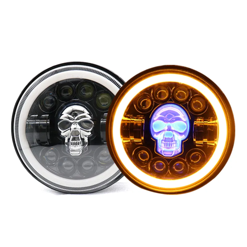 LED RGB Changeable Angel Ring Skull Motorcycle Auto DRL Projector Round 7 inch RGB Motorcycle LED Headlight For JK JL TJ