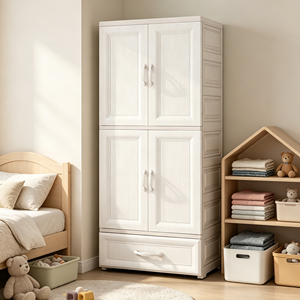 Guarda-Roupa Infantil de Plástico, Armário de Berçário Independente com Portas Duplas, Cabideiro e 1 Gaveta Grande, Armário de Armazenamento para Crianças - Product Image 5