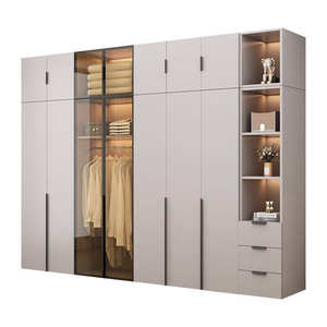 خزانة ملابس خشبية بسيطة وعصرية بلون الكريم مع خزانة عرض قابلة للتركيب بحرية لتخزين الملابس في غرفة النوم - Product Image 1