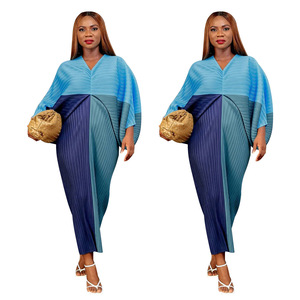 10263 Vêtements pour femmes européennes et américaines, approvisionnement transfrontalier, collection automne, best-seller, robe plissée à col en V et manches chauve-souris, color-block - Product Image 4
