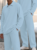 Ensemble de survêtement décontracté 2 pièces pour homme, tricot texturé effet diamant, col polo à revers, haut à manches longues et pantalon large – Collection 2026 à succès