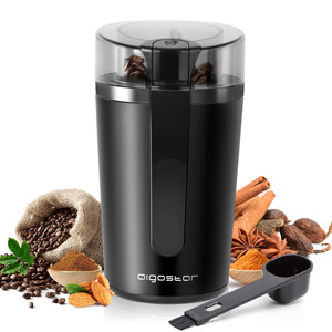 Aigostar macinacaffè elettrico, 200W, livello di macinazione regolabile, macinino per spezie 60g per chicchi di caffè, noci, spezie, grani, nero - Product Image 1