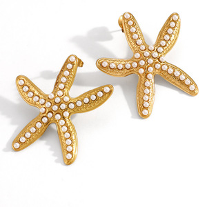Boucles d'oreilles étoile de mer incrustées de perles, étoile à cinq branches, plaqué or 18 carats, sertissage clos, pour femme, bijoux tendance - Product Image 5