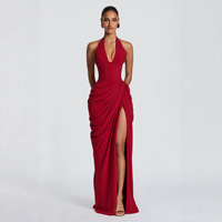 Robe de soirée chic pour femme, col licou, décolleté plongeant, sexy, moulante aux hanches, fente haute, dos nu, plissée, élégante, pour l'été et les fêtes