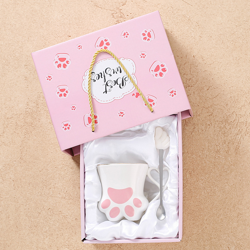 Griffe de chat blanche (tasse unique + cuillère + boîte-cadeau)