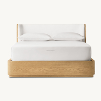 Lit plateforme en chêne bio moderne, tête de lit rembourrée en tissu, cadre de lit King Queen, lit de maître minimaliste de style Arhaus de luxe