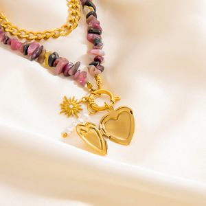 Collier pendentif cœur superposé en pierre naturelle, chaîne en acier inoxydable plaqué or 18 carats, bijou de mode pour clavicule - Product Image 3