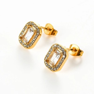 1 paire de boucles d'oreilles rectangulaires en acier inoxydable, zircone, argent, or, imitation diamant, bijoux de piercing, cadeaux pour femmes et hommes - Product Image 3