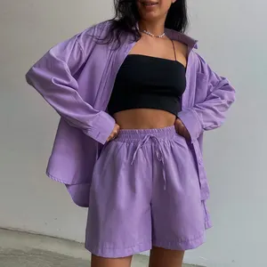 2023 Boutique Roupas Femininas Algodão Roxo Blusa de Manga Longa Verão 2 Peça Conjunto Curto Casual Conjunto de Duas Peças