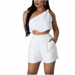 Women's White <b>One</b> Shoulder Crop <b>Top</b> With Shorts Set Casual Summer Two Piece Outfit Loose Fit Solid Color Cotton Short Sleeveless - Product Image 4