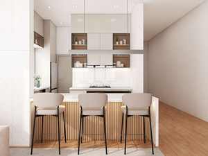 Contemporary Sleek Marble-Countered <b>Kitchen</b> Cabinet Set Functional & Modern <b>with</b> Wood Accents & <b>Island</b> Modern <b>Kitchen</b> - Product Image 2