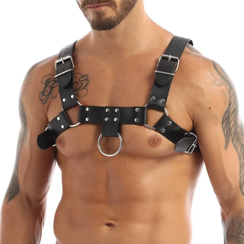 Mens Sexy PU Leder Schnalle Riemen Brust Harness mit O-ringe Clubwear Kostüm