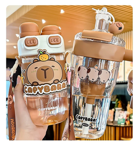 Gelas Plastik PC Capibala Double Drink Baru dengan Tutup Elastis, Sedotan & Tali, Desain Kartun Kreatif, Untuk Anak-Anak Unisex, Cocok untuk Perjalanan - Product Image 2