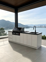 Îlot de cuisine extérieur naturel à texture diamantée, barbecue en acier inoxydable 5 brûleurs, plaque de cuisson 2 brûleurs, évier, armoire beige clair, grande taille