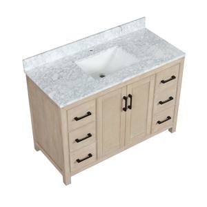 Meuble-lavabo de salle de bain en bois massif et contreplaqué, style transitionnel, en chêne laitier, avec vasque en céramique, résistant à l'eau, fabriqué au Vietnam - Product Image 4