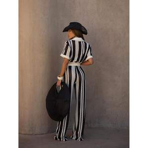 Conjunto de Playa Personalizado 2026: Top Corto Calado y Pantalones a Rayas de Ganchillo, Traje de Baño de 2 Piezas con Cintura Elástica Suelta - Product Image 3