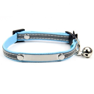 맞춤형 네이비 벨벳 가죽 고양이 칼라 작은 벨 솔리드 패턴 반사 스트라이프 이탈 버클 스테인레스 스틸 ID 태그 - Product Image 3