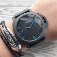 Montre automatique de sport pour hommes, boîtier en fibre de carbone, cadran noir, fenêtre de date, aiguilles lumineuses bleues, montre-bracelet en cuir noir