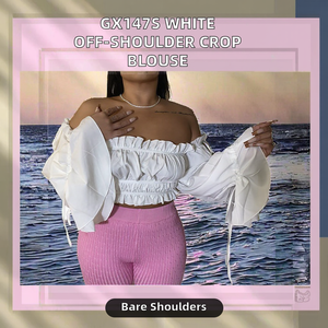 Women's Sweet Style Breathable Print Chiffon Crop <b>Top</b> Balloon Sleeves <b>Ruffles</b> Spring Summer White Color SKINNY Fit Blouse - Product Image 2
