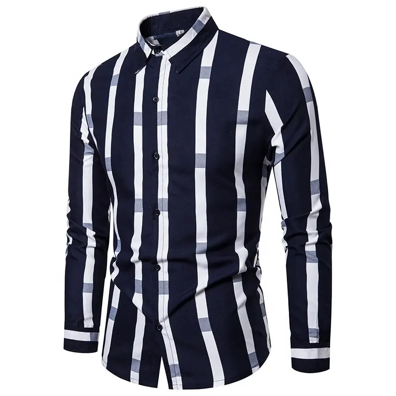 85% Polyester Mens Striped Summer Chemical Fiber Blending Shirts Casual Button Down Long Sleeve Dress Shirts