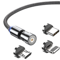 Câble magnétique rotatif à 360 degrés créatif 3-en-1 en cuivre nickelé avec design coudé, compatible Micro-USB et Type-C pour téléphones mobiles
