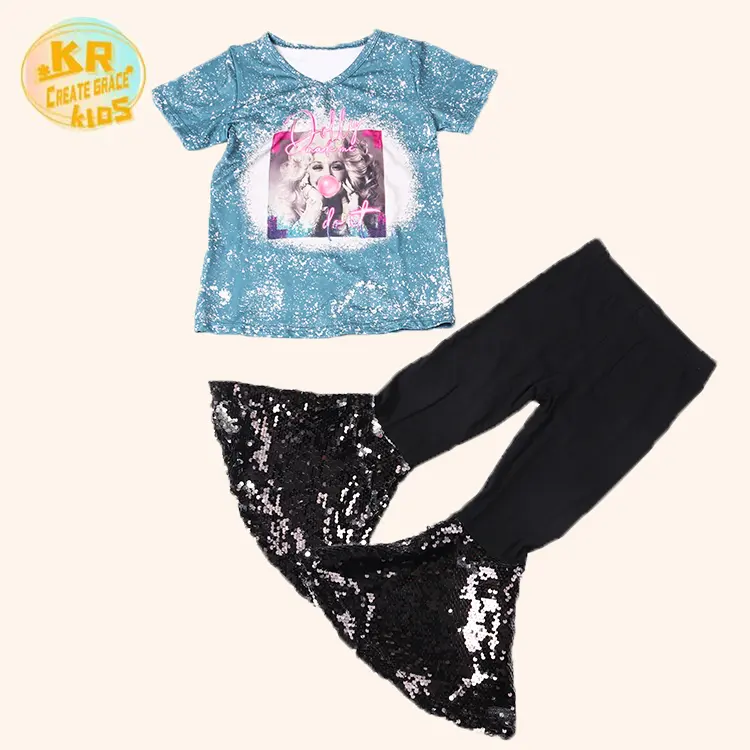 New Designed Milk Silk Printed Short Sleeve Flare Sequin Pants Kids Clothing Sets Baby