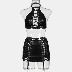 Haute qualité en cuir fétiche Lingerie Sexy à lacets pansement tenues <span class=keywords><strong>Latex</strong></span> exotique ensembles fantaisie sous-vêtements chaud attrayant soutien-gorge ensemble - Product Image 5