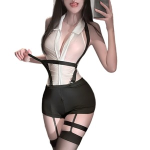 Lencería <span class=keywords><strong>Sexy</strong></span> Transparente con Cuello Camisero, Cuello Halter, Abertura en la Entrepierna con Cremallera, Tentación de <span class=keywords><strong>Azafata</strong></span> y Uniforme Sensual - Product Image 1