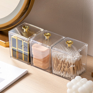 Organisateur de maquillage transparent avec couvercle, boîte de rangement multifonctionnelle pour cotons-tiges, rouges à lèvres et éponges, accessoire de coiffeuse de bureau - Product Image 1