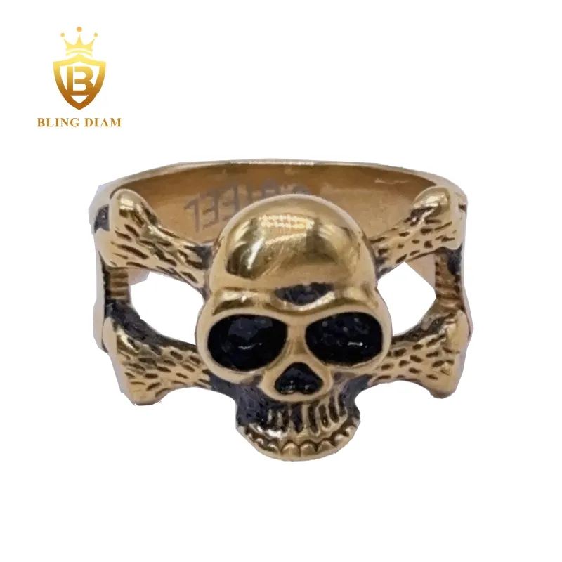 Anello Rapper stile Punk gioielli Hip Hop in acciaio inox placcato oro teschio cavo anello da uomo Biker Ring