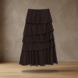 Jupe trapèze en velours côtelé noir pour femme, à volants superposés, longueur cheville, décontractée, respirante, design uni, taille haute, tissu doux - Product Image 3