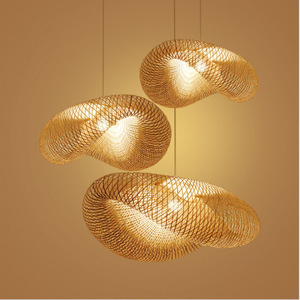 Bamboo Woven Pendant Lamp Round Led <b>Light</b> Source Touch Control Home Living Room <b>Dining</b> Room Chandelier - Product Image 1