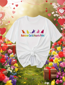 T-shirt da donna con stampa Rainbow Cat Hearts, 100% cotone, manica corta, girocollo, top casual, traspirante, lavabile in lavatrice - Product Image 2