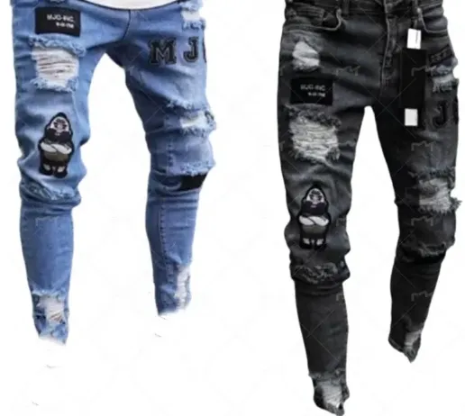 Calça jeans masculina slim design branco azul estilo Itália para motociclistas, calça com estampa de arte e adesivos, desgastada e desgastada