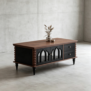 Vintage Gothic Wooden Coffee <b>Table</b> with Glass Doors & Drawers, <b>Storage</b> Living Room <b>Table</b> - Product Image 2