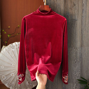 Velvet Turtleneck Long Sleeve <b>Top</b> Women Embroidered <b>Patchwork</b> Soft Base Layer Autumn Winter Fashion Shirt Black Red Purple - Product Image 3