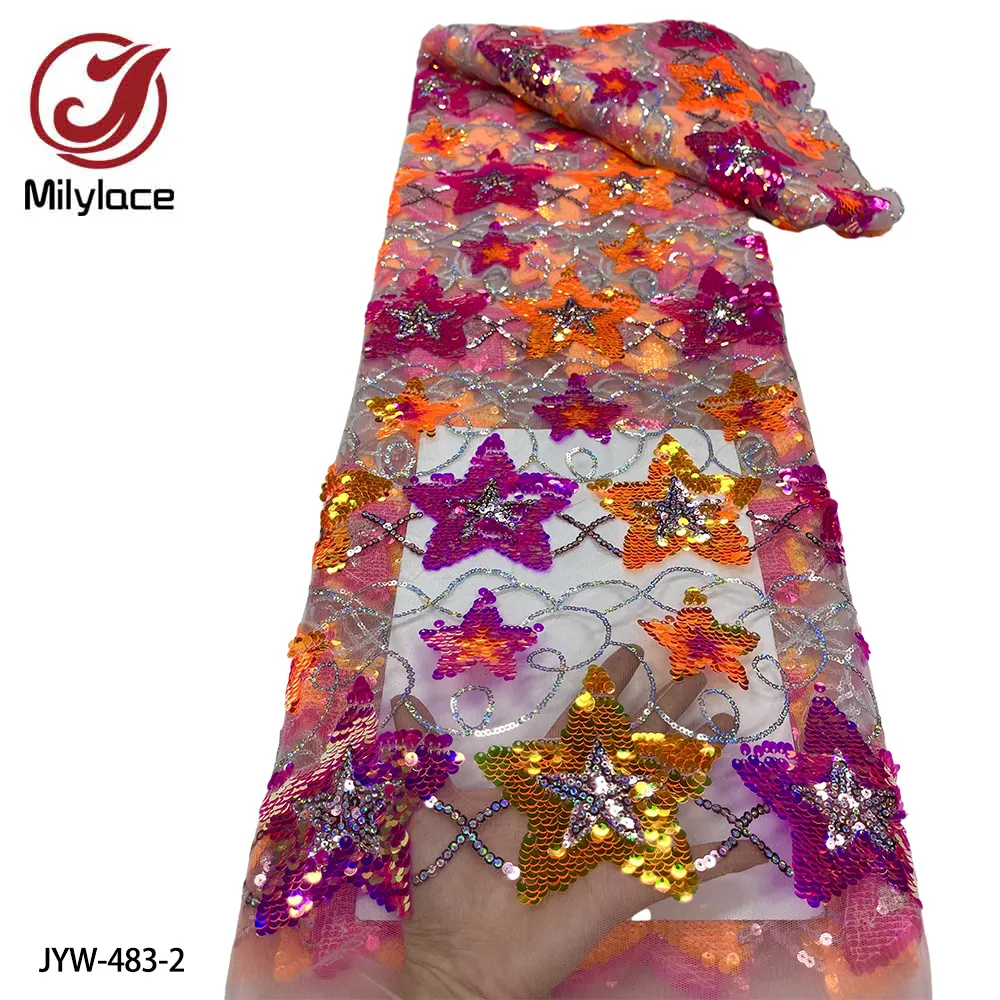 Nigerian Embroidery Five-Pointed Star Shiny Colorful Sequins African Party Tulle Mesh Sequin Lace Fabric