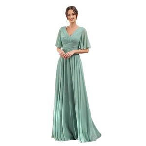 Bridesmaid Dress V-Neck A-Line Satin Long Empire Waist Green Evening Gown for Women - Product Image 5