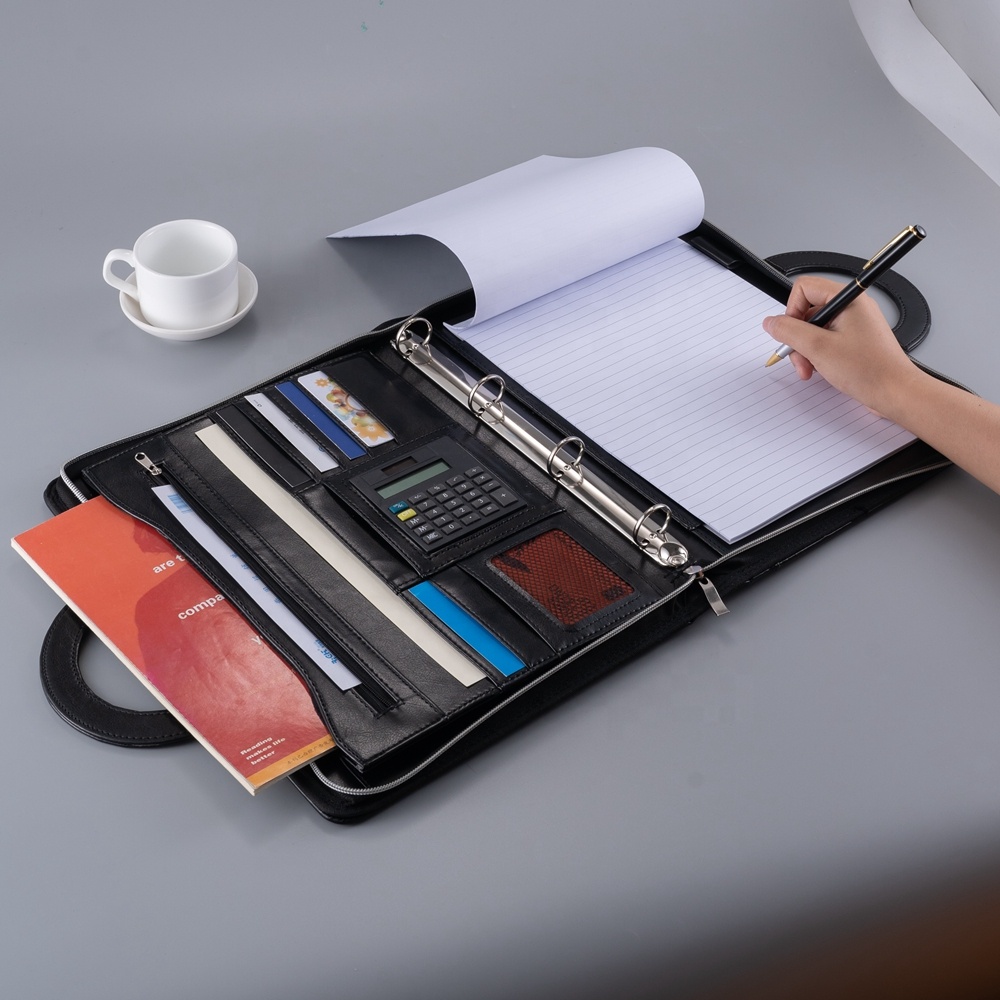 Wholesale a4 multifunction pu leather binder document folder with calculator and handle padfolio portfolio folder