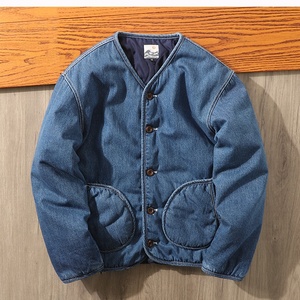 <span class=keywords><strong>Giacca</strong></span> Bomber in Denim Lavato Stile Giapponese Autunno Inverno, Cappotto Imbottito Caldo <span class=keywords><strong>Senza</strong></span> Colletto per <span class=keywords><strong>Uomo</strong></span>, Abbigliamento Streetwear - Product Image 6
